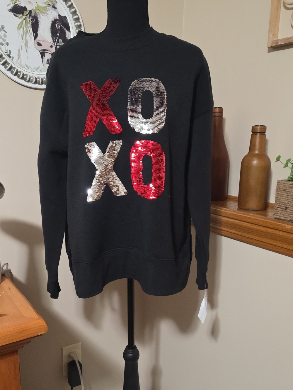 Fleurish Black Pullover Sweatshirt with Red and Silver Sequin XOXO